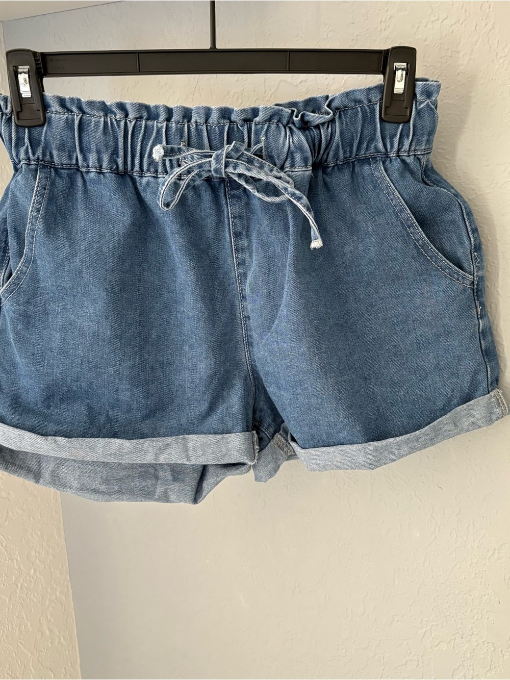 Women's High-Rise Blue Denim Paperbag Shorts with Rolled Hem